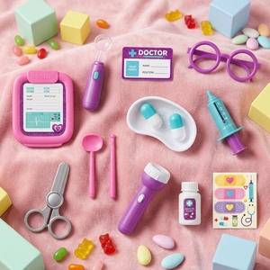 Set da 14 Pezzi per Gioco del Dottore, Kit Medico in Plastica <span class=keywords><strong>Viola</strong></span> Glitterata, Torcia a Batteria, Giocattolo Educativo per Giochi di Ruolo - Product Image 1
