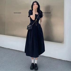 Korean Style French Retro Backless Dress Women's Slim Long Dress Square Collar Empire Waist Daily Casual Breathable Splicing - Product Image 3