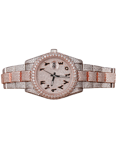 Montre-bracelet de luxe pour homme en acier inoxydable or rose avec bracelet entièrement serti de diamants romains en diamant, style hip-hop rappeur - Product Image 1