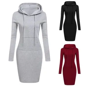 S-2XL Women Knee Length Casual Hooded Pencil Hoodie Long Sleeve Sweater Pocket Bodycon Tunic Dress Top