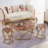 Ensemble table d'appoint café 1 + 4 avec cadre en métal doré et plateau en verre trempé rond design de luxe moderne pour la maison Villa Salon Hall d'hôtel