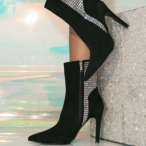 2024 New Black Suede Slimming Short Pointed High-heeled Shoes Rhinestone Thin <b>Heel</b> Women's Boots 35-42 Size - Product Image 2