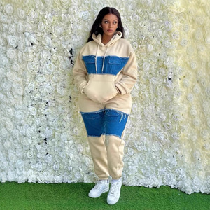 2026 New Urban Streetwear <strong>Denim</strong> Patchwork Tracksuit <strong>Women</strong> Color Block Hoodie and <strong>Joggers</strong> 2 Piece Set - Product Image 1