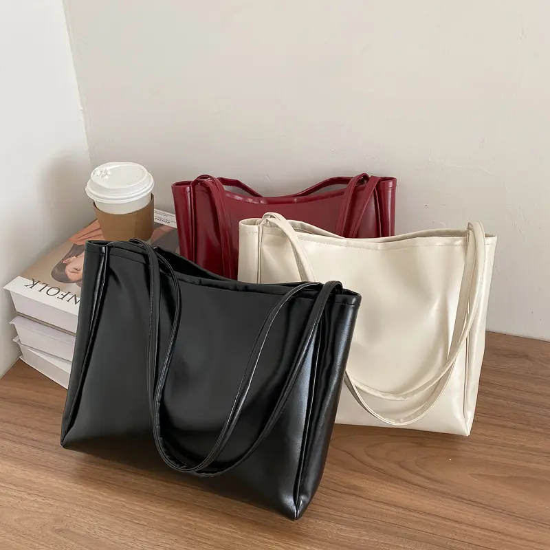 Simple Style Large Capacity Shoulder Handbag Casual Pure Color Leather Big Tote Bag For Women