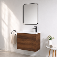 Ensemble de meuble-lavabo mural scandinave en bois avec miroir, lavabo en céramique blanc, meuble-lavabo suspendu avec rangement
