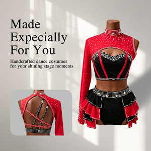 Girls Jazz Lyrical Dance Costume <b>Red</b> Black Rhinestone Cutout <b>Crop</b> <b>Top</b> Ruffled Skirt Kids Modern Contemporary Performance Wear - Product Image 1