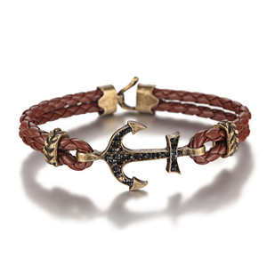 สร้อยข้อมือหนัง PU ถักลายสมอเรือชุบเงินโบราณ ปรับขนาดได้ สไตล์วินเทจ สำหรับผู้ชาย ของขวัญเครื่องประดับแฟชั่นสำหรับผู้ชาย - Product Image 2