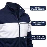 Ensemble de survêtement streetwear personnalisé bleu marine et blanc avec veste zippée à col montant 400 GSM et pantalon de jogging pour le sport