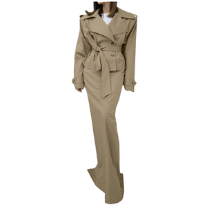 Conjunto de Dos Piezas para Mujer, Estilo Moderno, Nuevo, Chaqueta de Manga Larga con Cuello de Solapa y Lazo Frontal, Falda Corta, Estilo Casual - Product Image 1