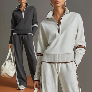 KingSen Women's 2 Piece Contrast Striped Tracksuit Set 1/4 Zip Sweatshirt Wide Leg Pants <b>Elastic</b> Waist Casual Loungewear Outfit - Product Image 1