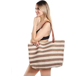 Bolso de paja con raya personalizada y costura, bolsa de playa con cremallera de gran capacidad, portátil, para compras, venta al por mayor