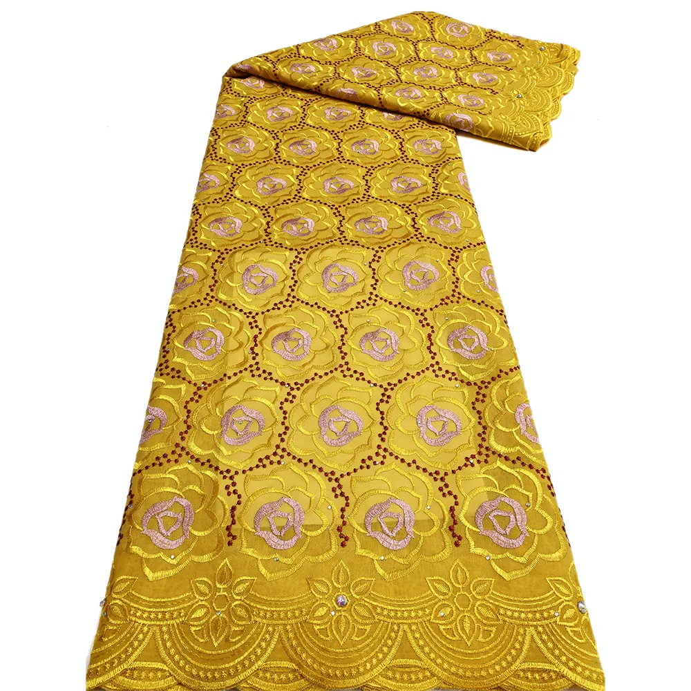 Tecido voile suíço NI.AI novo tecido de renda bordado luxuoso com padrão floral tecido de algodão com strass para festa de casamento