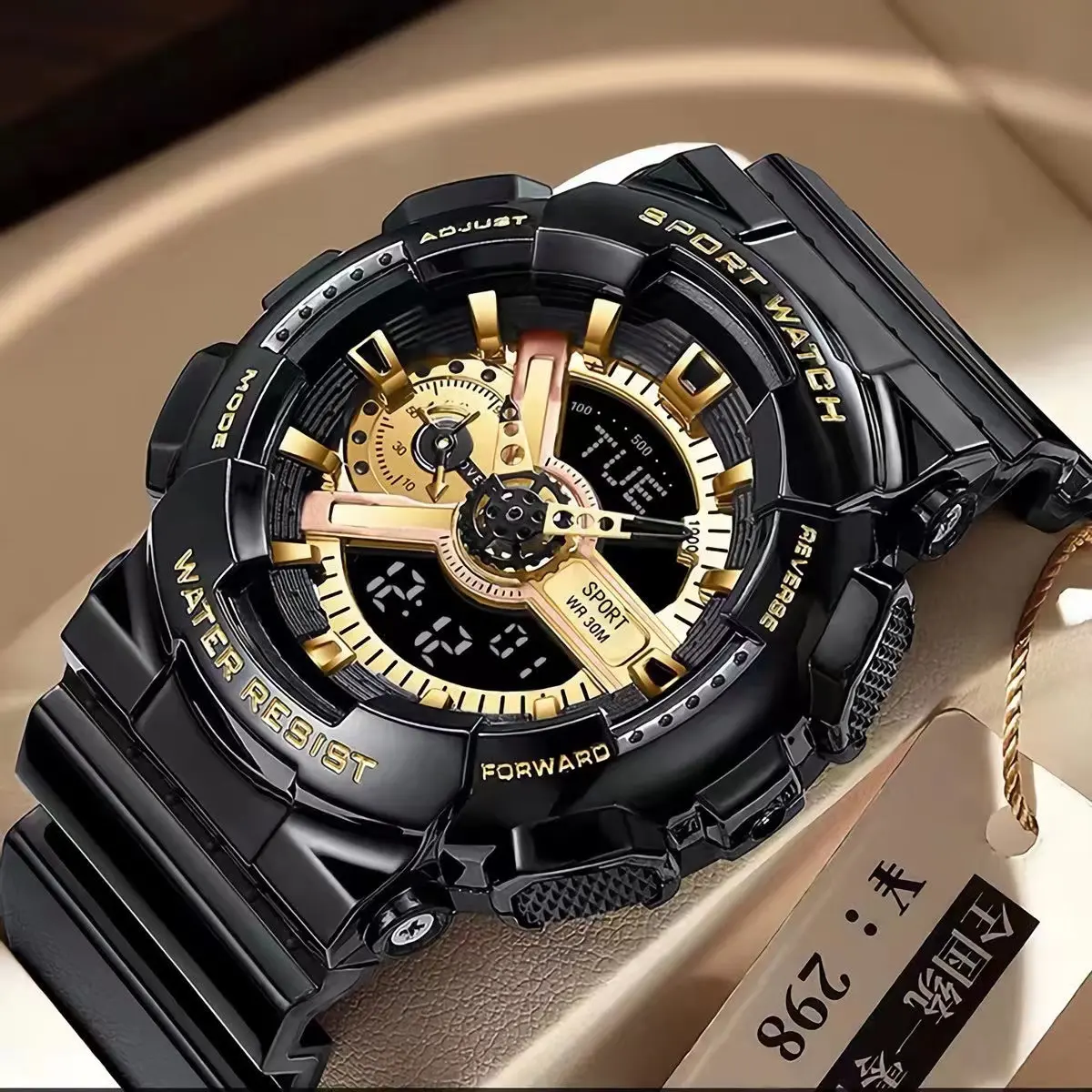 Fashion trend black gold electronic watch fashion outdoor sports watch for men waterproof dual display pointer watch