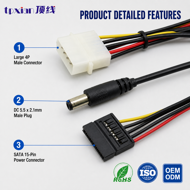 Molex 4 Pin IDE to SATA 15 Pin Female and DC 5.5 X 2.1mm Power Adapter Y Splitter Cable, 18AWG PC Internal Power Extension Cord