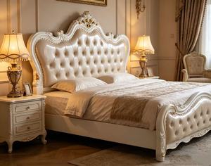 Premium Queen Size White Leather <b>Bed</b> With Gold Leaf Ornate Carved Diamond Tufted Scalloped Headboard For European Rococo Bedroom - Product Image 5