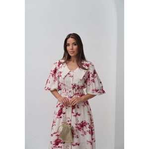 Vestido Rojo Floral con Cinturón y Cuello Peter Pan, Estilo Línea A, Tejido, Informal, Transpirable, para Uso Diario, Venta al Por Mayor - Product Image 3