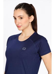 เสื้อยืดกีฬาผู้หญิงสีน้ำเงินกรมท่า ยี่ห้อ Munns & Mars ผลิตจากโพลีเอสเตอร์ ดีไซน์เรียบง่าย คอกลม ขายดี เหมาะสำหรับออกกำลังกายและวิ่ง - Product Image 1