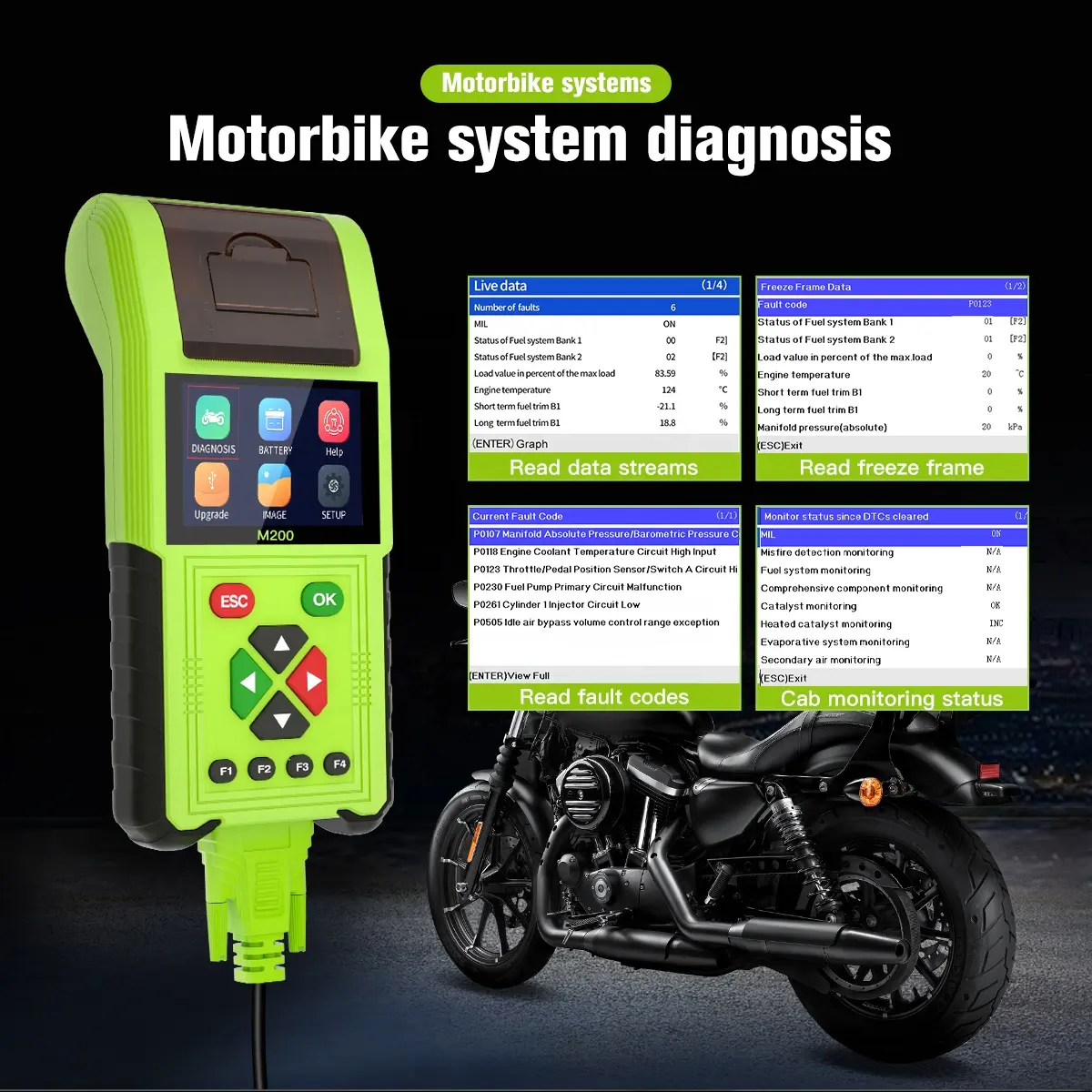 JDiag M200 OBD2 Motorrad-Automotiv-Diagnosescanner-Werkzeugunterstützung Batterie-Tester-Unterstützung Druck