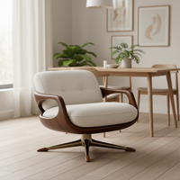 Fauteuil d'appoint pivotant moderne - Structure en bois, base dorée, revêtement en velours crème écologique et durable, rotation à 360 degrés, pour la maison, le bureau ou la chambre