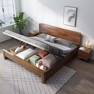 Nordic Style Walnut Solid Wood Bed 1.5m 1.8m Double Bed With Storage For Home Or <b>Small</b> Apartments - Product Image 2