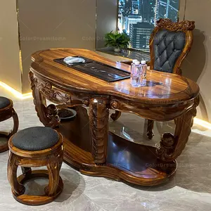Mobiliário vintage de madeira antiga, conjunto de mesa de chá de madeira sólida de ébano