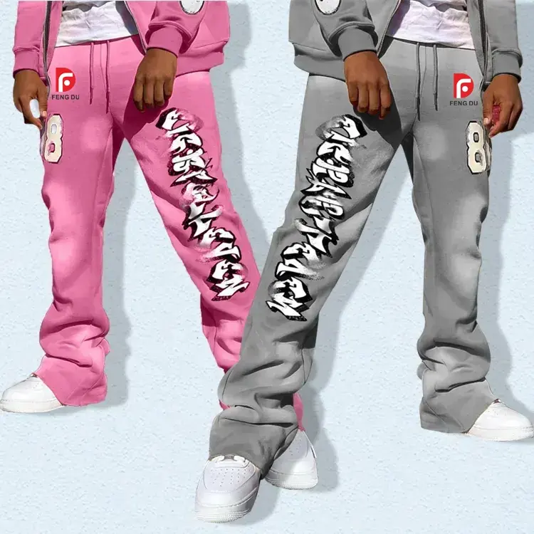 Yüksek kalite özel toptan üretilen giyim Sweatpants yığılmış Joggers alevlendi pantolon bana baskı Hip Hop yaz erkekler örme