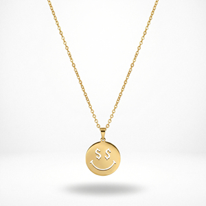 QIAOREN 11782 Collier tendance en acier inoxydable avec pendentif rond doré motif visage souriant et yeux, accessoire pour hommes et femmes américains et européens - Product Image 1