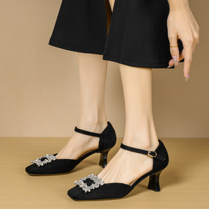 Escarpins Mary Jane en daim à bout carré, talon chaton, bride cheville ornée de strass, légers, pour femme 6888C-118 - Product Image 4