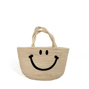 Bolsa de ombro macrame para celular feminina, bolsa redonda com alça de madeira, bolsa de mão com listra simples, fabricante OEM