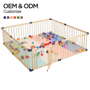 2024 Popular Solid Wood Material Children Playpen With Mat Baby Toddler Playing Activity Center Wooden Playpen
