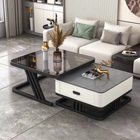 Table basse multifonctionnelle carrée extensible en métal noir et verre, style moderne et luxueux pour salon, avec tiroir de rangement en bois