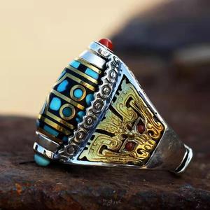 Anello all'ingrosso Tianzhu a nove occhi, stile tibetano, con motivo Kuiniu Dapeng Gluttony e mantra a sei caratteri - Product Image 6