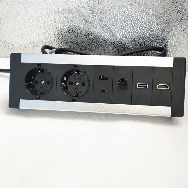 Brush Silver Built in Conference Table Desktop Germany Power Outlet Multimedia Data Rj45 Panel Socket with USB-C USB3.0 Port