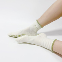 Kaos Kaki Pilates Bordir Bunga Bubble Cuff Custom Pesanan Grosir, Kaos Kaki Latihan Anti Selip dengan Lapisan Dalam Ganda Warna-Blok