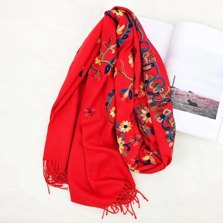 Beautiful Embroidery Flower Cashmere For Women Scarf With Embroidery Pashmina Scarf