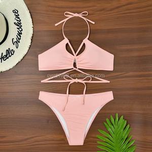 Traje de Baño Sexy de Dos Piezas con Textura Personalizada de Color Sólido, Etiqueta Privada, Halter con Aros, Secado Rápido, Tanga, Push-Up para Mujer 2025 - Product Image 5