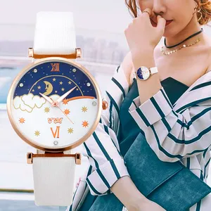 นาฬิกาข้อมือลายการ์ตูนประดับเพชรของผู้หญิง,นาฬิกาข้อมือควอตซ์ลายดวงจันทร์สีโรสโกลด์ปี WJ-9969