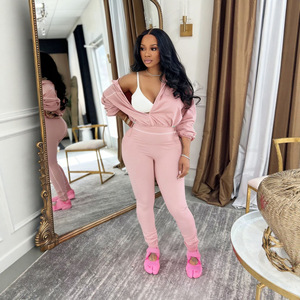 BR6435 Traje de Dos Piezas Deportivo Casual de Moda sin Cuello para <span class=keywords><strong>Mujer</strong></span>, Mangas Largas, Cierre de Cremallera, Color Sólido, Primavera Otoño - Product Image 3