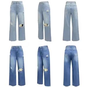 Jean déchiré vintage imprimé pour femme, taille haute, coupe ample et large, jambe droite, en denim, taille XL, décontracté pour l'été - Product Image 4