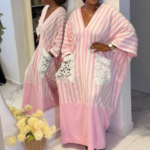 Robe longue caftan rayée grande taille pour femme avec poches en dentelle et ceinture, coupe ample décontractée, style africain tendance - Product Image 2