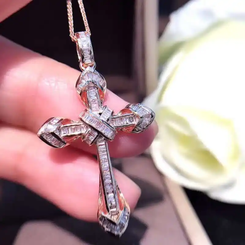Vintage Classical Special Luxury Design Cross Shape 18k Solid White Gold Shiny Diamond Exaggerated Big Pendant Rose Gold Jewelry