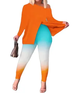 Conjunto naranja de manga larga para mujer colorido fuera de un hombro Nuevo traje de mujer otoño Casual conjunto de 2 piezas para mujer