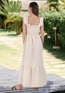 Robe rétro à carreaux pour femmes 100% coton en mousseline de soie Spaghetti sangle volant naturel longueur au sol Style décontracté pour l'été - Product Image 2