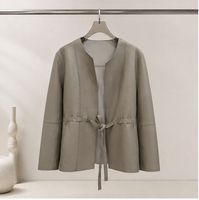 Veste en cuir d'agneau à col en V pour femmes, ceinture à nouer à la taille, ouverture sur le devant, manteau en cuir véritable