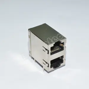 Denentech双端口8P8C RJ45连接器1*2P H25.1 L28.2防水黄铜插孔，带弹片，用于印刷电路板应用