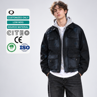 Veste en toile noire personnalisée pour homme avec patchs, bords effilochés, poches à rabat, fermeture à boutons-pression, coupe oversize, marque privée