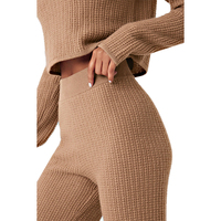 Groothandel Custom Logo Herfst Winter Warm Zacht Zweetpak Lounge Wijde Pijpen Wafel Gebreide Katoenen 2 Delige Dames Trui Set