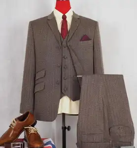 Thiết Kế Riêng Xương Cá Tweed Sọc Nâu Cổ Điển Mens Kinh Doanh 3-Mảnh Phù Hợp Với