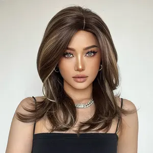 Synthetic Women's Long Wavy Brown with Blonde Wigs Natural Wavy Heat Resistant Wig for Women Party Fashion Wigs
