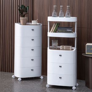 Mesita de Noche Blanca multicapa, encimera de madera para dormitorio, cajón de plástico, armario de almacenamiento con rueda - Product Image 4